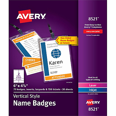 Avery Vertical Name Badges with Tickets Kit for Laser and Inkjet Printers, 4-1/4" x 6" (AVE8521)