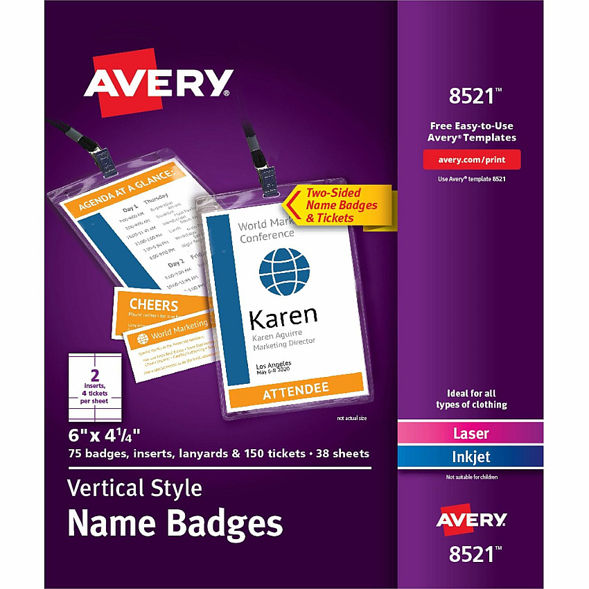 Avery Vertical Name Badges with Tickets Kit for Laser and Inkjet Printers, 4-1/4" x 6" (AVE8521)
