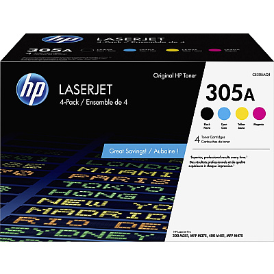 HP 305A (HEWCE305AQ1) Original Laser Toner Cartridge - Combo Pack - Black, Cyan, Magenta, Yellow - 4 / Carton