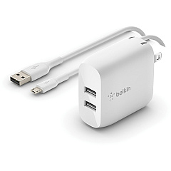 Belkin BoostCharge Dual USB-A Wall Charger 24W (USB-A to Micro-USB cable included) - Power Adapter (WCE002DQ1MWH)