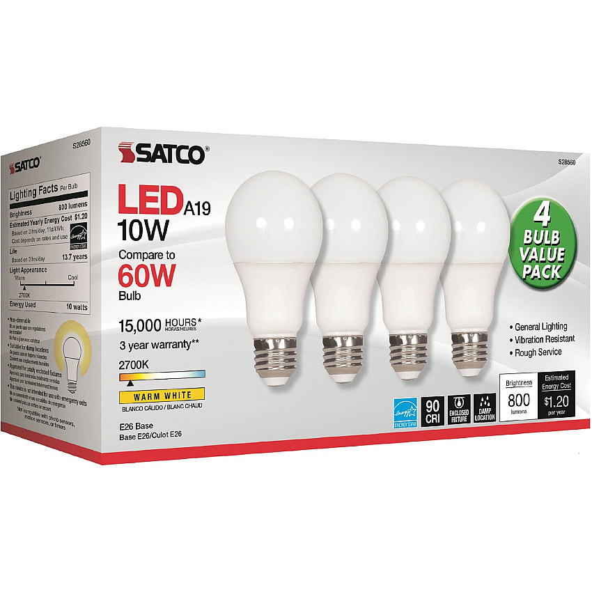Satco 10W A19 LED 2700K Frosted Bulbs (SDNS28560)