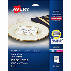 Avery Place Cards With Gold Border 1-7/16" x 3-3/4" , 65 lbs. 150 Cards (AVE35701)