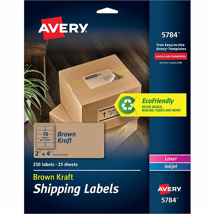 Avery Shipping Labels,, Kraft Brown, 2" x 4" , 250 Labels (5784) (05784)