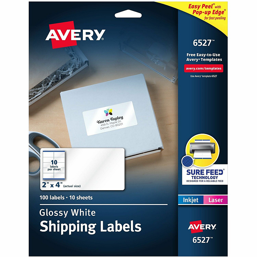 Avery Shipping Labels, Glossy White, 2" x 4" , 100 Total (6527) (06527)