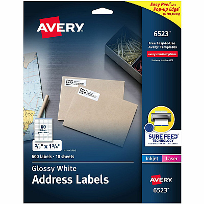 Avery Address Labels, Glossy White, 2/3" x 1-3/4" , 600 Total (6523) (06523)