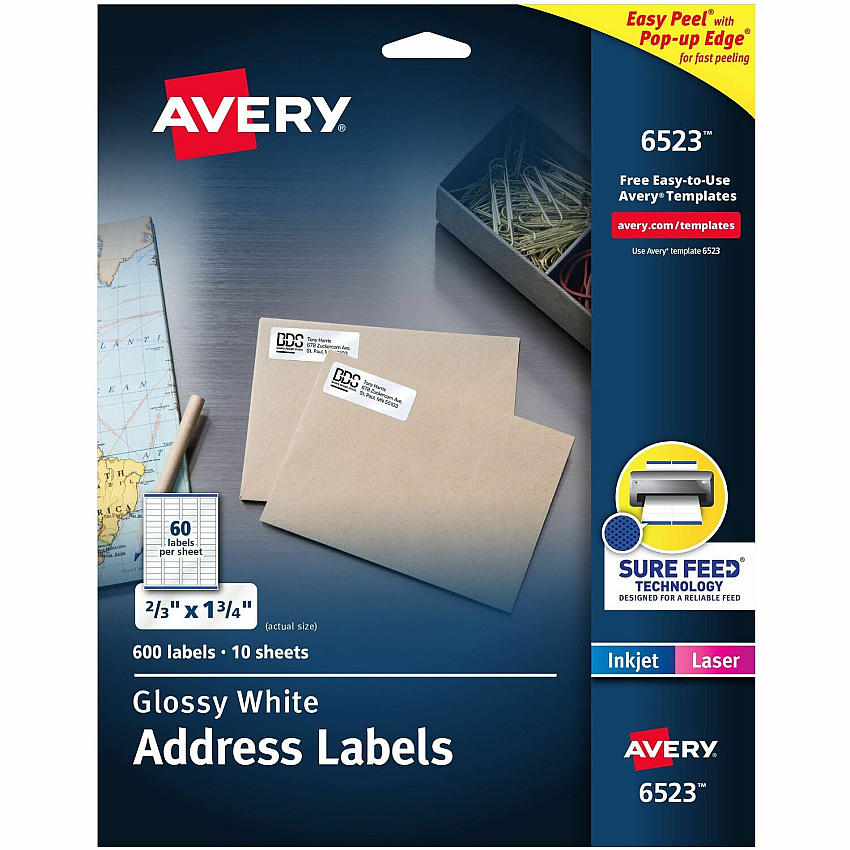 Avery Address Labels, Glossy White, 2/3" x 1-3/4" , 600 Total (6523) (06523)