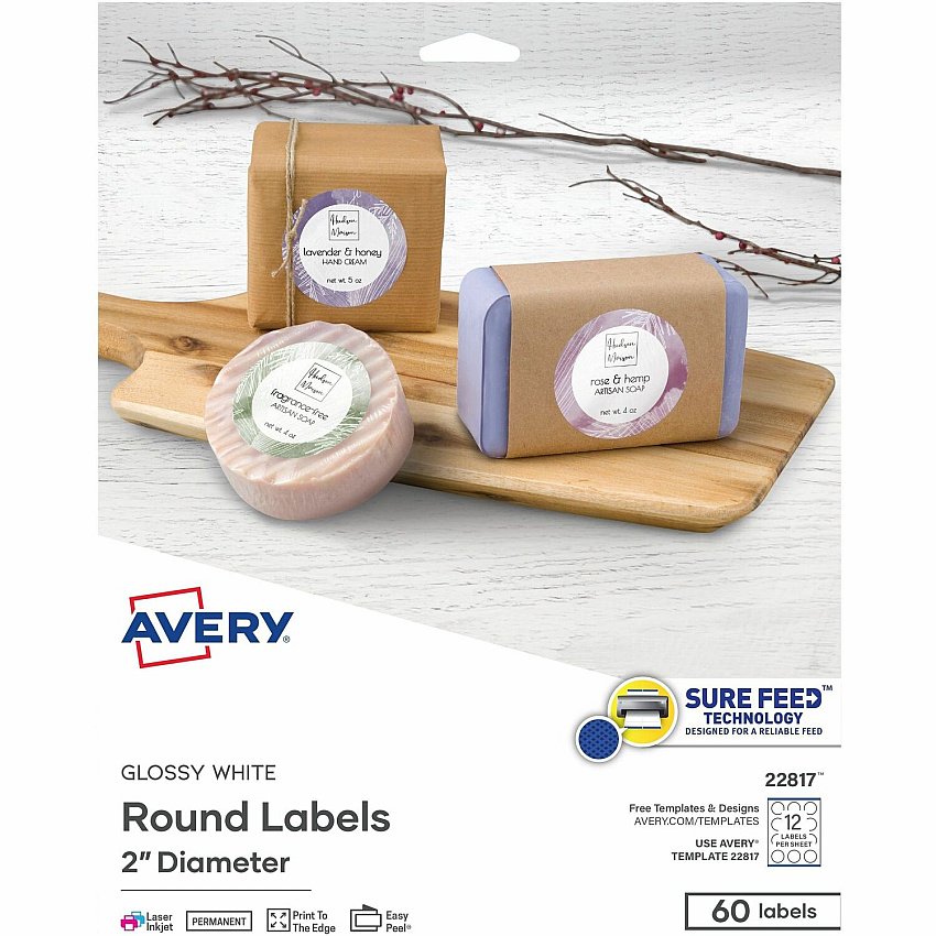 Avery Printable Round Labels , 2" , Glossy White, 60 Labels (22817)