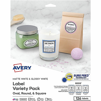 Avery Variety Pack Labels, Sure Feed, Assorted Shapes, 126 Labels (80510)