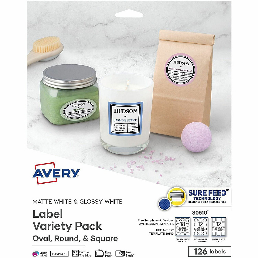 Avery Variety Pack Labels, Sure Feed, Assorted Shapes, 126 Labels (80510)
