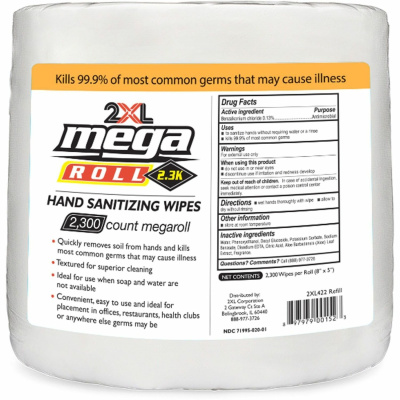 2XL Mega Roll Sanitizing Wipes - White - Non-toxic, Non-irritating, Alcohol-free, Phenol-free, Bleach-free, Ammonia-free, Recyclable - For Hand, Skin, Multi Surface, Office, Restaurant, Hotel, Health Club, Day Care, School, Healthcare, Veterinary Cli 2XL Mega Roll Sanitizing Wipes - White - Non-toxic, Non-irritating, Alcohol-free, Phenol-free, Bleach-free, Ammonia-free, Recyclable - For Hand, Skin, Multi Surface, Office, Restaurant, Hotel, Health Club, Day Care, School, Healthcare, Veterinary Cli