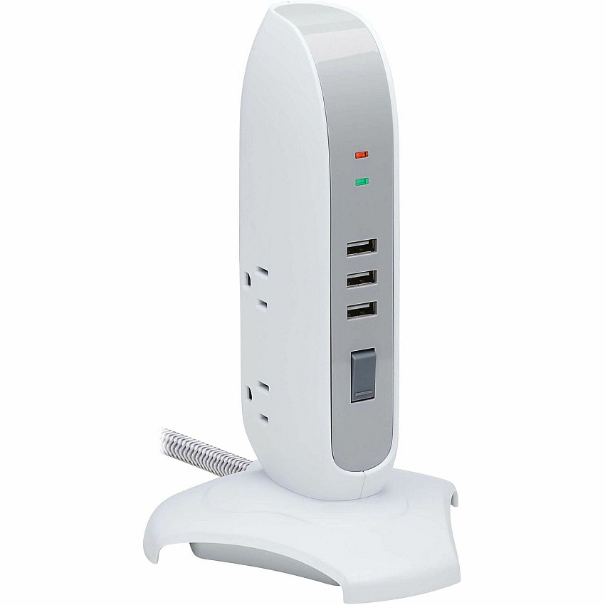 Tripp Lite 5-Outlet Surge Protector Tower, 3x USB Ports (3.1A Shared), 6 ft. Cord, 5-15P Plug, 1200 Joules, White (TLP66USB)