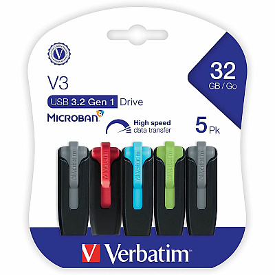 Verbatim 32GB Store 'n' Go V3 USB 3.2 Gen 1 Flash Drive - 5pk - Assorted (70900)
