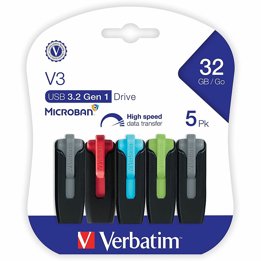 Verbatim 32GB Store 'n' Go V3 USB 3.2 Gen 1 Flash Drive - 5pk - Assorted (70900)