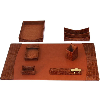 Protacini Cognac Brown Italian Patent Leather 7-Piece Desk Set (D6104)