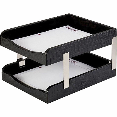 Dacasso Crocodile Embossed Black Leather Double Letter Trays (A2220)