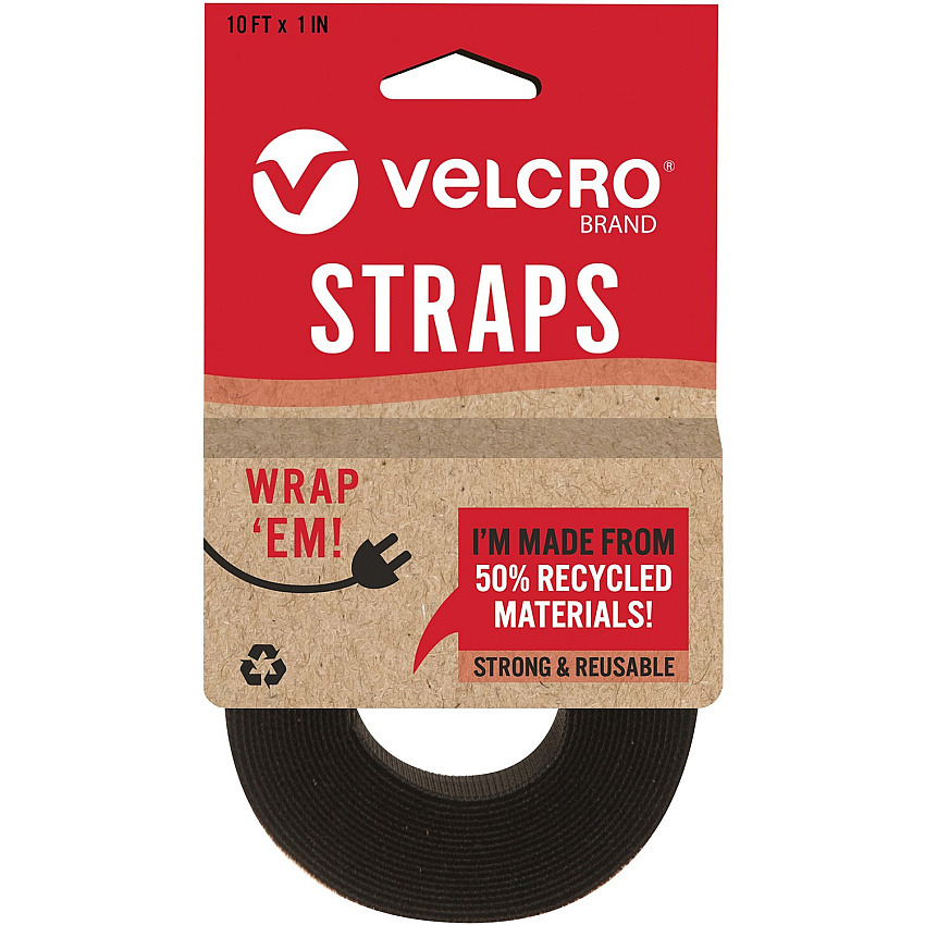 Velcro Strap,Adjustable,Reusable,Recycled,1"x10',Black (VEK30188)