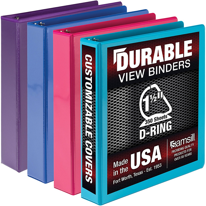 Samsill Durable 1.5 Inch Binder, Made in the USA, D Ring Customizable Clear View Binder, Fashion Assortment, 4 Pack, Each Holds 350 Page (SAMMP46459)