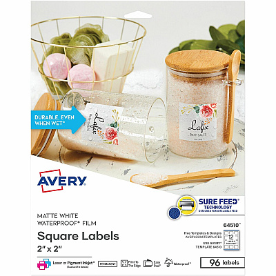 Avery Durable Waterproof Labels, 2" x 2" Square, 96 Total (AVE64510)