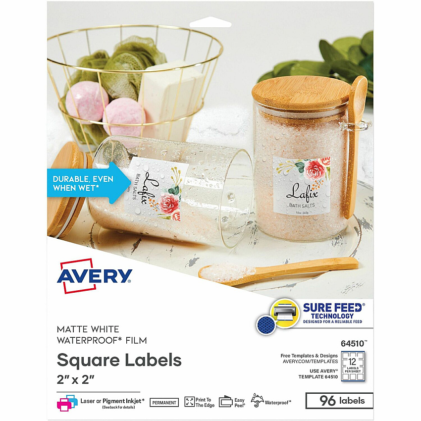 Avery Durable Waterproof Labels, 2" x 2" Square, 96 Total (AVE64510)