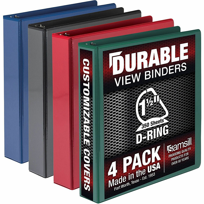 Samsill Durable 1.5 Inch Binder, Made in the USA, D Ring Customizable Clear View Binder, Basic Assortment, 4 Pack, Each Holds 350 Page (SAMMP46458)