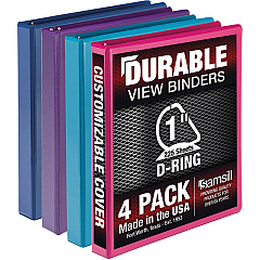 Samsill Durable 1 Inch Binder, Made in the USA, D Ring Customizable Clear View Cover, Fashion Assortment, 4 Pack, Each holds 225 Pages (SAMMP46439)