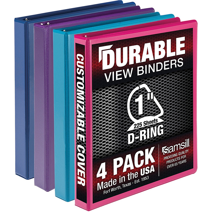 Samsill Durable 1 Inch Binder, Made in the USA, D Ring Customizable Clear View Cover, Fashion Assortment, 4 Pack, Each holds 225 Pages (SAMMP46439)