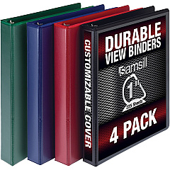 Samsill Durable 1 Inch Binder, Made in The USA, D Ring Binder, Customizable Clear View Cover, Basic Assortment, 4 Pack, Each Holds 225 Pages (SAMMP46409)