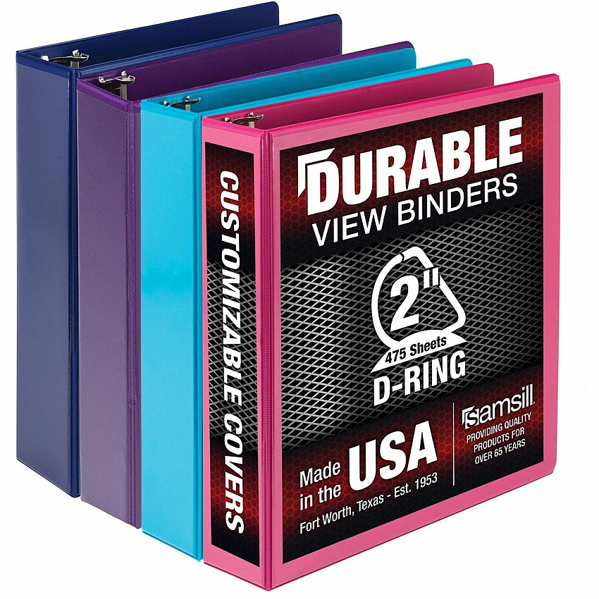 Samsill Durable 2 Inch Binder, Made in the USA, D Ring Customizable Clear View Binder, Fashion Assortment, 4 Pack, Each Holds 475Page (SAMMP46469)