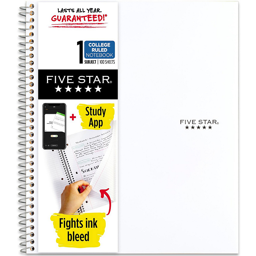 Mead Five Star Wirebound Notebook, 1 Subject, College Ruled, 11" x 8 1/2" , White (MEA72456)