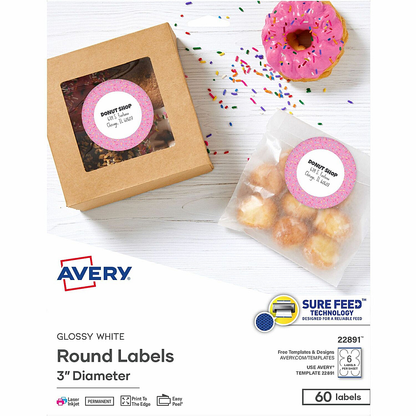 Avery Glossy White Labels, 3" Round, 60 Labels (AVE22891)