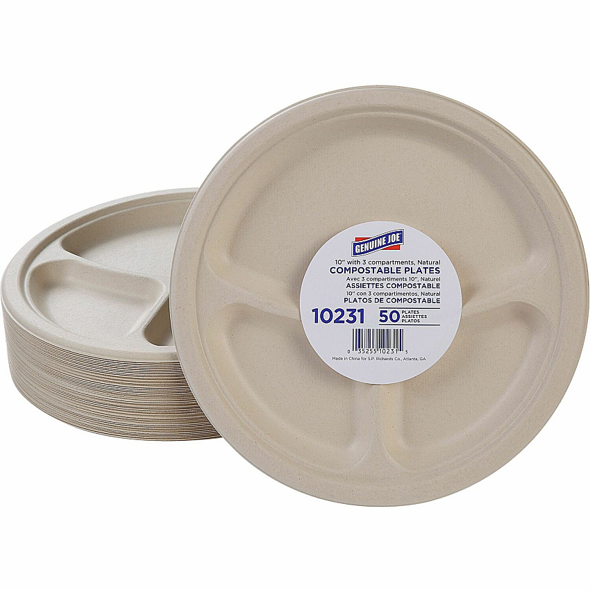 Genuine Joe 10" 3-Compartment Compostable Plates (GJO10231CT)