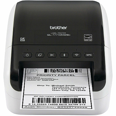 Brother QL-1110NWBC Desktop Direct Thermal Printer - Monochrome - Label Print - Ethernet - USB - Bluetooth - White, Glossy Black