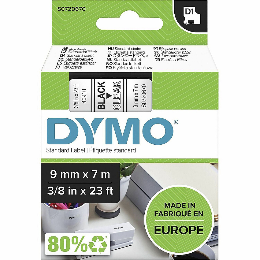 DYMO S0720670 D1 40910 Tape 9mm x 7m Black on Clear