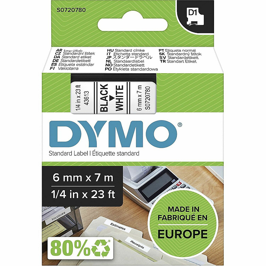 DYMO S0720780 D1 43613 Tape 6mm x 7m Black on White