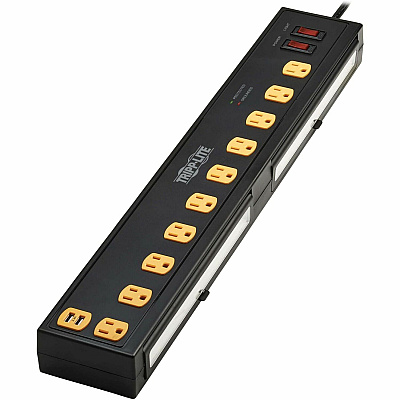 Tripp Lite Protect It! 10-Outlet Surge Protector with Swivel Light Bars - 5-15R Outlets, 2 USB Ports, 6 ft. (1.8 m) Cord, 1350 Joules, Black (TLP1006USB)