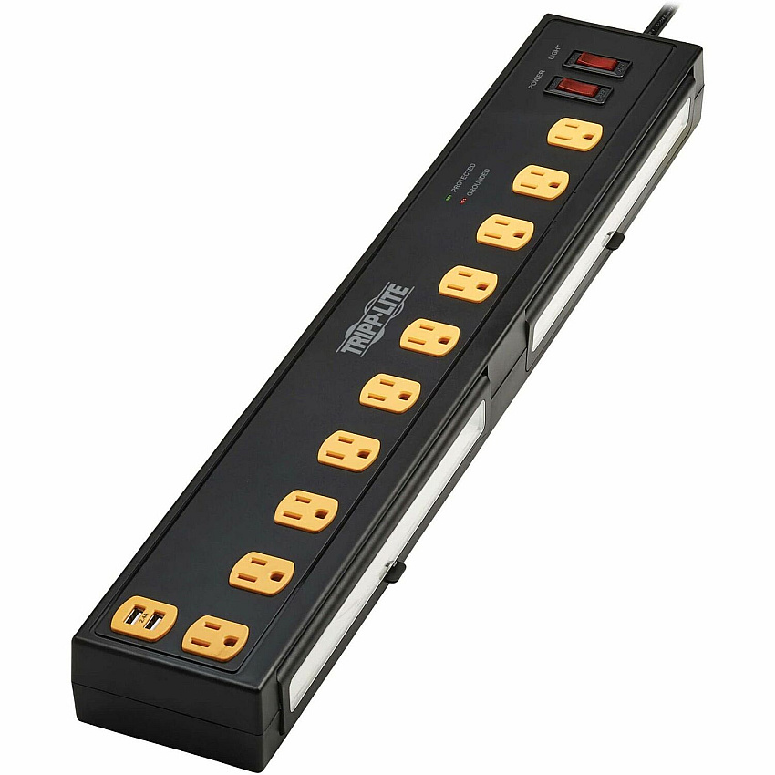 Tripp Lite Protect It! 10-Outlet Surge Protector with Swivel Light Bars - 5-15R Outlets, 2 USB Ports, 6 ft. (1.8 m) Cord, 1350 Joules, Black (TLP1006USB)