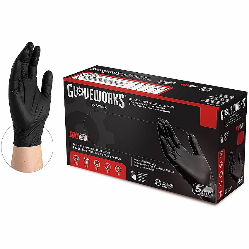 GloveWorks by AMMEX GloveWorks by AMMEX Industrial Black Nitrile Disposable Gloves (GPNB42100)