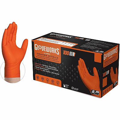 GloveWorks by AMMEX GloveWorks by AMMEX Industrial Orange Raised Diamond Texture Nitrile Disposable Gloves (GWON46100)