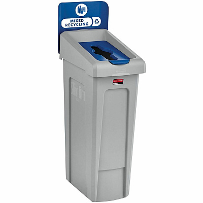 Rubbermaid Commercial Slim Jim Recycling Station Kit, 1-Stream Mixed Recycling, 23 gal, Plastic, Gray/Blue (RCP2185055)