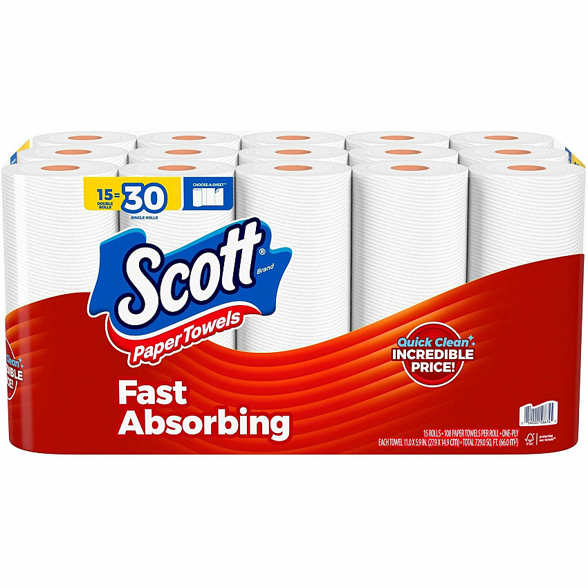 Scott Choose-A-Sheet Mega Kitchen Roll Paper Towels, 1-Ply, 7.31 x 11, White, 108 Sheets/Roll, 15 Rolls/Pack, 2 Packs/Carton (56674)