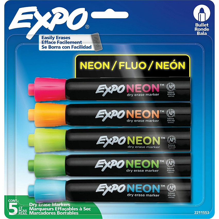 EXPO Neon Windows Dry Erase Marker, Broad Bullet Tip, Assorted Colors, 5/Pack (2211553)