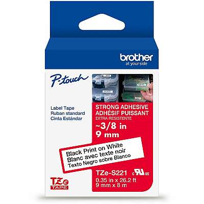 Brother Genuine P-touch TZeS221 BK on WHT Label Tape, Strong Adhesive Lam., 9mmX8m (TZES221G)