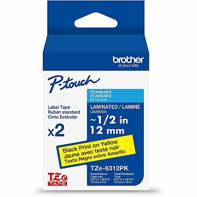 Brother Genuine P-touch TZe6312PK BK on YL Label Tapes, Laminated, 12mmX8m each (TZE6312PKG)
