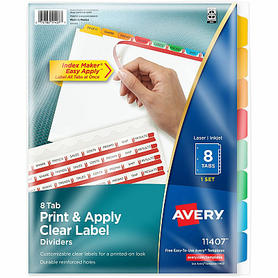 Avery(R) 8 Tab Dividers for 3 Ring Binder, Easy Print & Apply Clear Label Strip, Index Maker(R) Customizable Multicolor Tabs, 1 Set (AVE11407)