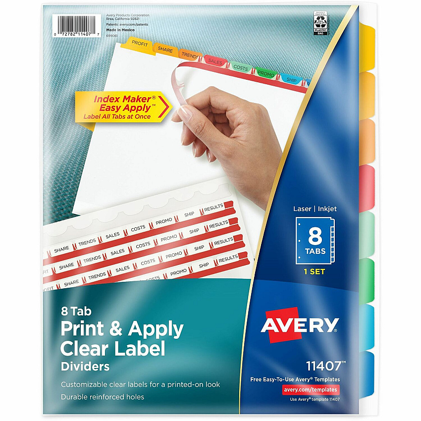 Avery(R) 8 Tab Dividers for 3 Ring Binder, Easy Print & Apply Clear Label Strip, Index Maker(R) Customizable Multicolor Tabs, 1 Set (AVE11407)