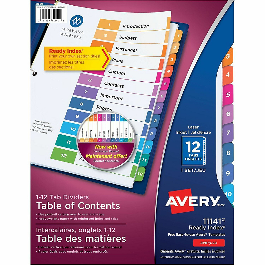 Avery Ready Index Table of Content Dividers for Laser and Inkjet Printers, 12 tabs (AVE11141)