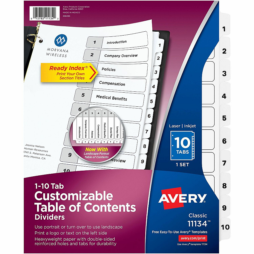 Avery Ready Index Table of Content Dividers for Laser and Inkjet Printers, 10 tabs (AVE11134)