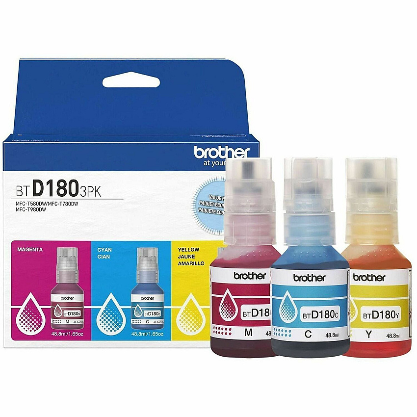 Brother Genuine BTD1803PK 3-Pack High Yield Cyan, Magenta, and Yellow Ink Bottles (BTD1803PKS)
