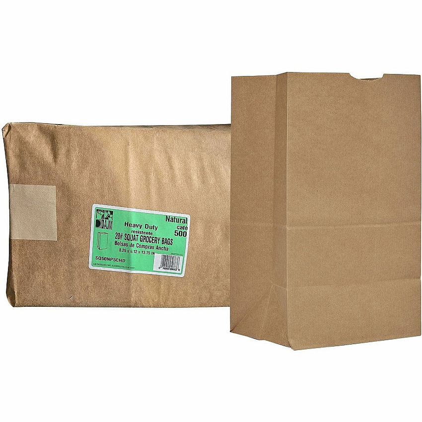 AJM Packaging Packaging Packaging AJM Packaging Packaging #20 Squat Heavy-Duty Kraft Paper Grocery Bags (SQ50NP5CHDES)