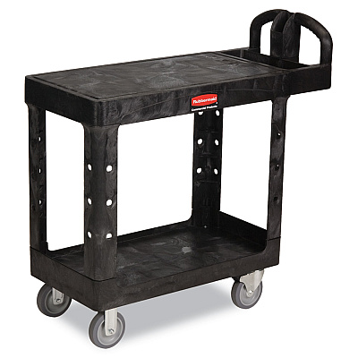Rubbermaid Commercial Flat Shelf Utility Cart, Plastic, 2 Shelves, 500 lb Capacity, 19.19" x 37.88" x 33.33", Black (RCP450500BK)